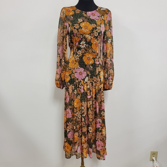 Never Fully Dressed Dresses & Skirts - Never Fully Dressed Womens Y2K Long Sleeve Floral Boho Maxi Dress Size 4 Sheer